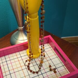 Elegant Two Strand Amber Colored Beaded Necklace And Earring Set